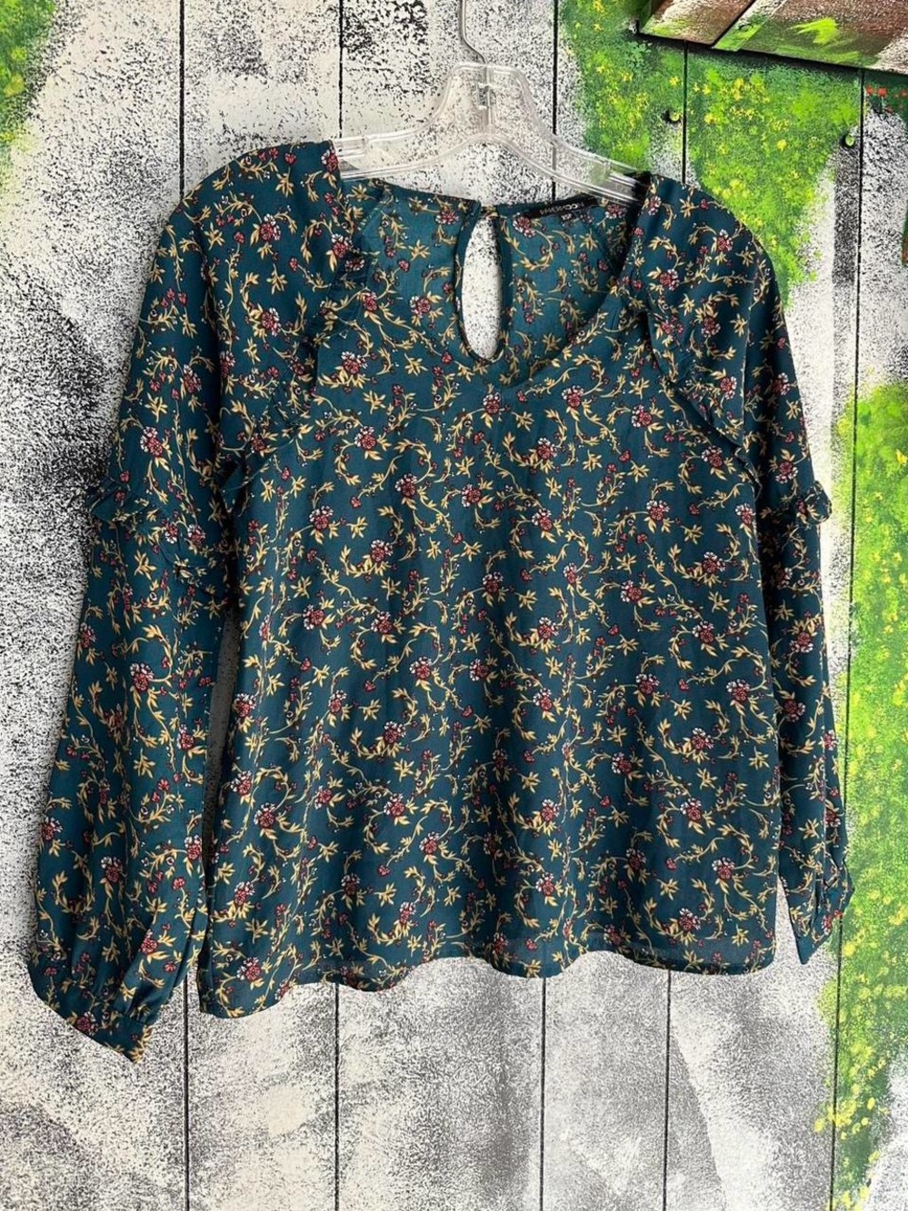 Papermoon Teal Floral Long-Sleeve Keyhole Blouse